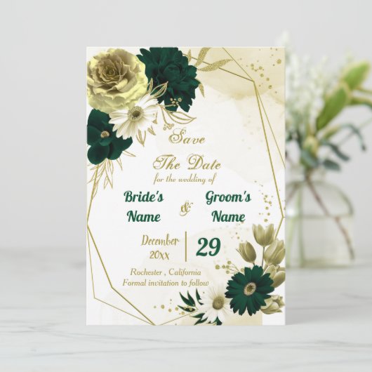 Verbluffende smaragdgroene ivoorgoudbloemen save the date (Staand voorkant)