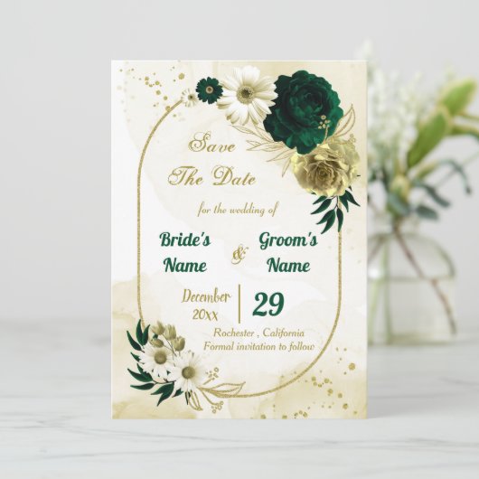 Verbluffende smaragdgroene ivoorgoudbloemen save the date (Staand voorkant)