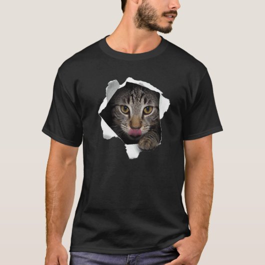 Verbluffende tabbykat gescheurde stof kat kitten t-shirt (Voorkant)