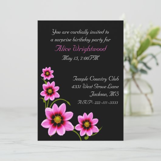 Verbluffende uitnodiging voor zwarte en roze dames (Staand voorkant)