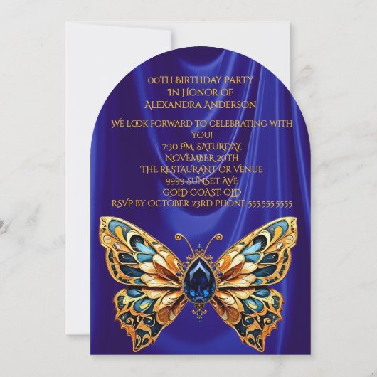 Verbluffende Verjaardag Blauw Gouden Juweel Vlinde Kaart (Achterkant)