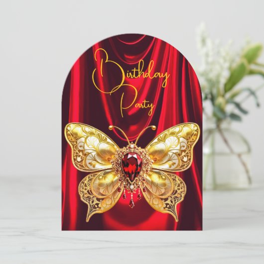 Verbluffende Verjaardag Red Gold Jewel Butterfly Kaart (Staand voorkant)