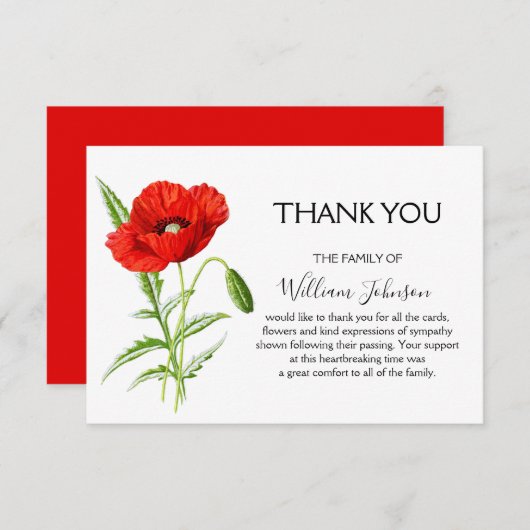 Verbluffende Waterverf Poppy Begrafenis Bedankkaart (Voorkant / Achterkant)