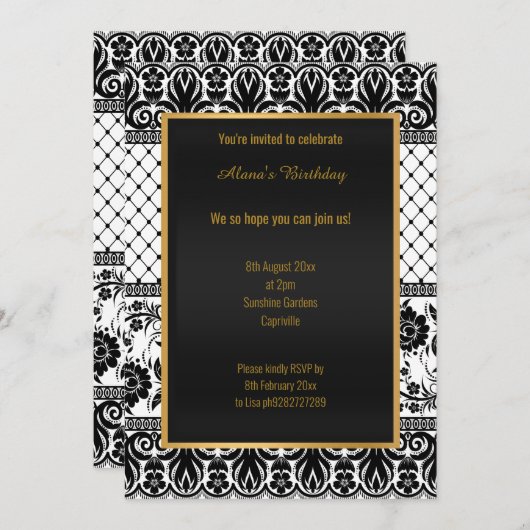 Verbluffende  witte ZWARTE Lace ALL OCCASION Kaart (Voorkant / Achterkant)