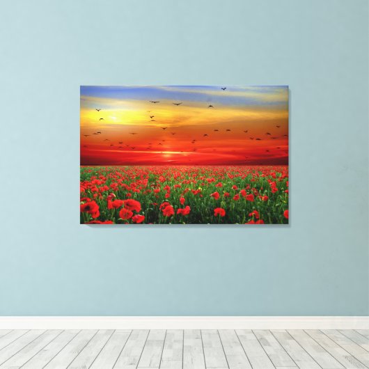 Verbluffende zonnevogels boven papaverveld canvas afdruk (Insitu (Houten vloer))