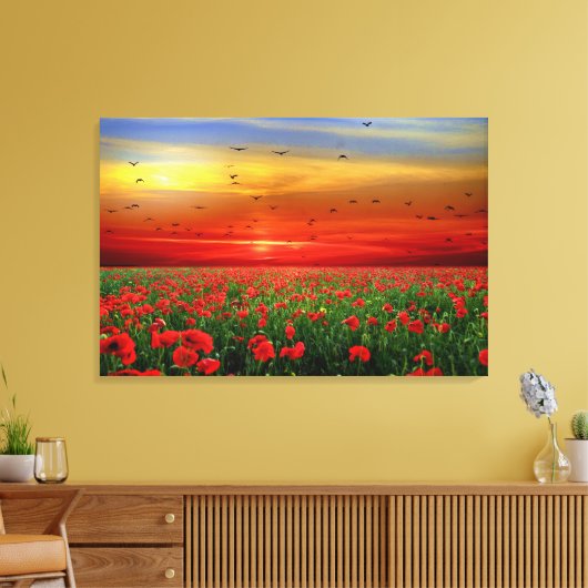 Verbluffende zonnevogels boven papaverveld canvas afdruk (Insitu (Woonkamer))