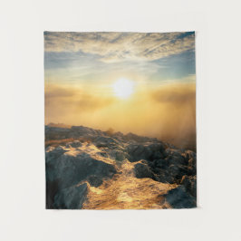 Verbluffende zonsondergang boven wolken en met zon wandkleed