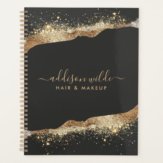 Verbluffende zwart en goud glitter script bedrijf planner (Voorkant)