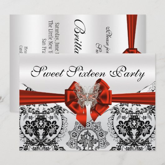 Verbluffende zwarte Damask en Butterfly Sweet Sixt Kaart (Voorkant / Achterkant)