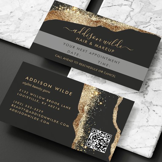 Verbluffende zwarte en gouden Glitter Script QR-co Afsprakenkaartje