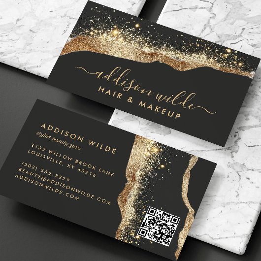 Verbluffende zwarte en gouden Glitter Script QR-co Visitekaartje