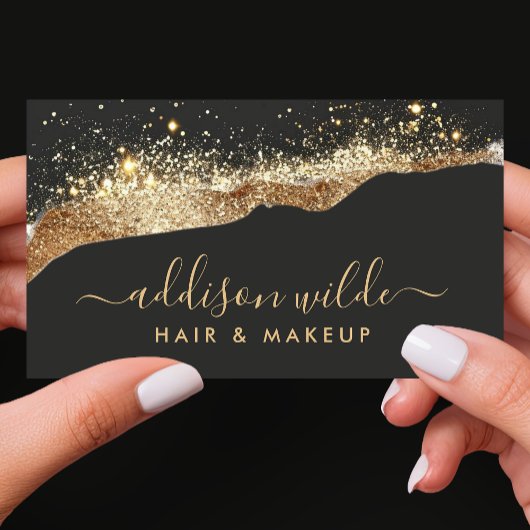 Verbluffende zwarte en gouden Glitter Script QR-co Visitekaartje