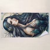 Verbluffende zwarte harige zeemeermin strandlaken (Voorkant)