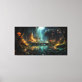 Verborgen bos tempel in het maanlicht canvas afdruk