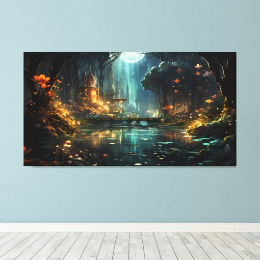 Verborgen bos tempel in het maanlicht canvas afdruk (Insitu (Houten vloer))