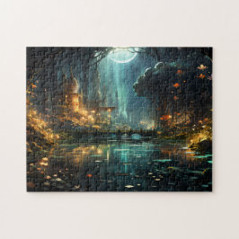 Verborgen bos tempel in het maanlicht legpuzzel