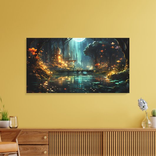 Verborgen bosstad in het maanlicht canvas afdruk (Insitu (Woonkamer))