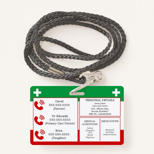 Verborgen handicap Medical Alert Lanyard ICE ID Badge (Achterkant met draagriem)