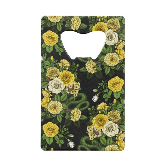 Verborgen in de rozen, geel en groen creditkaart flessenopener (Achterkant)