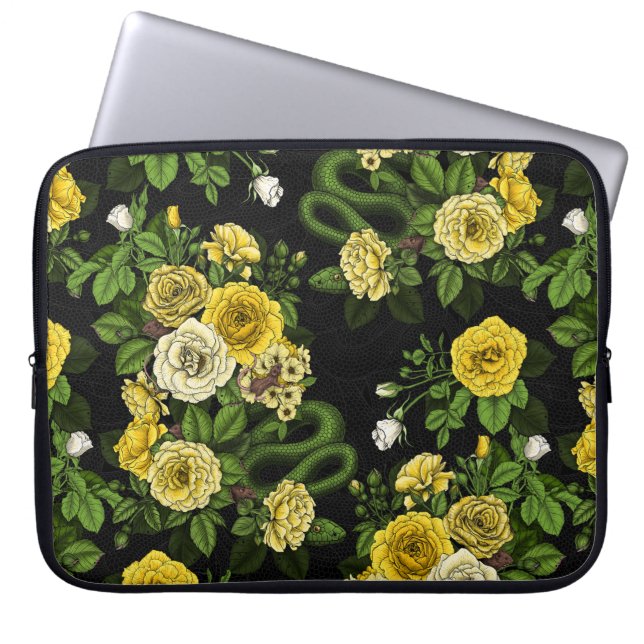Verborgen in de rozen, geel en groen laptop sleeve (Voorkant)