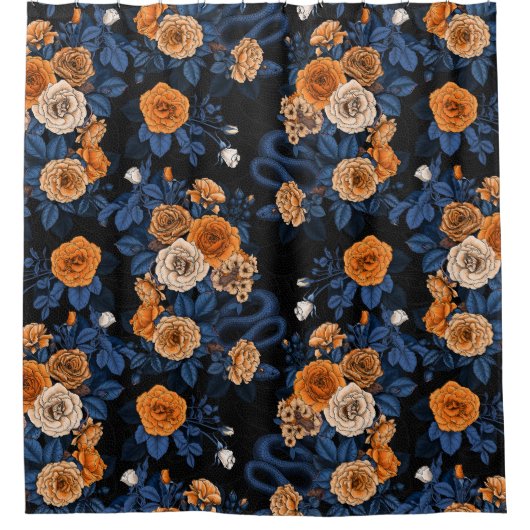 Verborgen in de rozen, oranje en blauw douchegordijn (Voorkant)