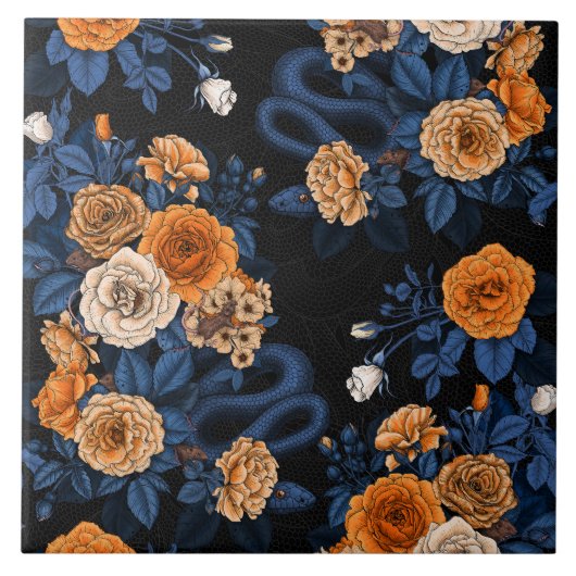 Verborgen in de rozen, oranje en blauw tegeltje (Voorkant)