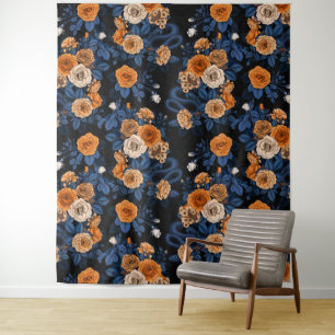 Verborgen in de rozen, oranje en blauw wandkleed