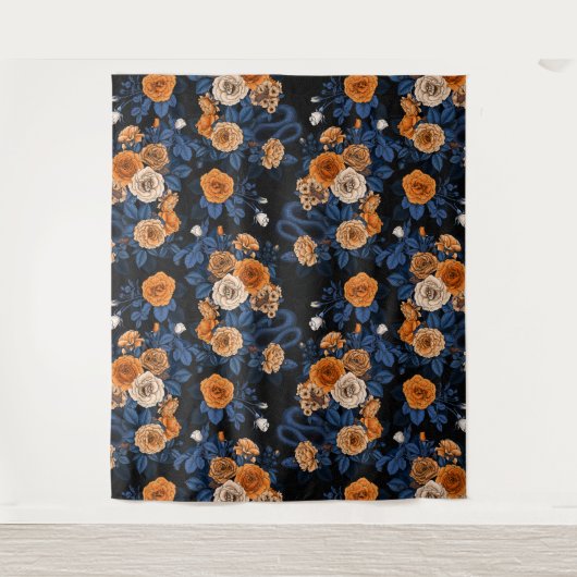 Verborgen in de rozen, oranje en blauw wandkleed (Voorkant)