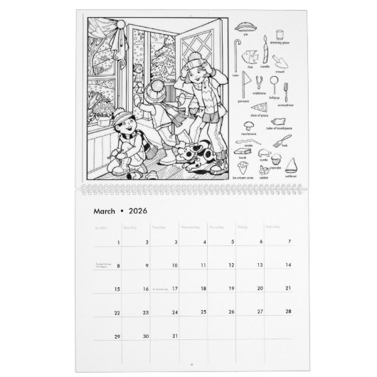 Verborgen object en kleurboek kalender (Mar 2026)