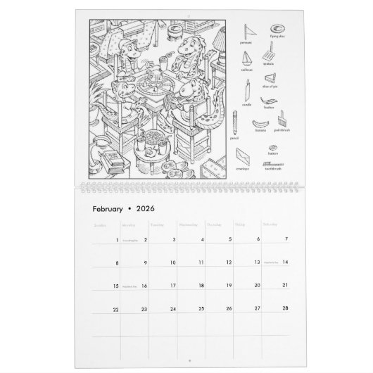 Verborgen object en kleurboek kalender (Feb 2026)