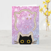 Verborgen Zwarte Kat Kijkt Stiekem Schattige Kawai Kaart (Gele Bloem)