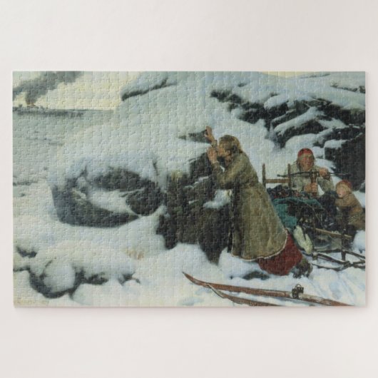 Verbrand dorp in de winter (door Albert Edelfelt) Legpuzzel (Horizontaal)