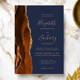 Verbrand Oranje Agate Goud Marineblauw Bruiloft Kaart