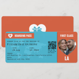 Verbrand Oranje & Aqua Blauwe Boarding Pass Trouwk Kaart