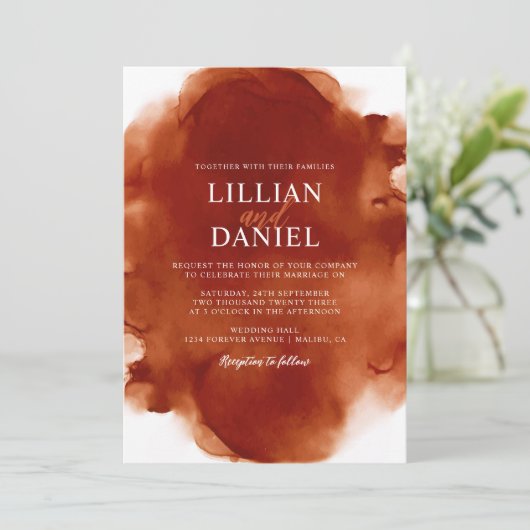 Verbrand Oranje Aquarel Foto Trouw Uitnodiging (Staand voorkant)