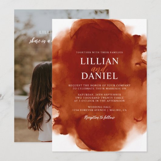 Verbrand Oranje Aquarel Foto Trouw Uitnodiging (Voorkant / Achterkant)