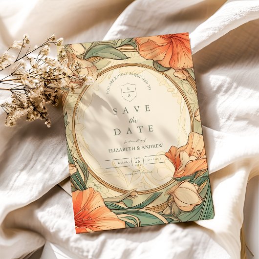 Verbrand Oranje Bloemige bruiloft Save The Date