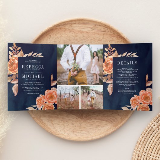 Verbrand Oranje Bloemige Fotocollage Marine Huweli Drieluik Uitnodiging