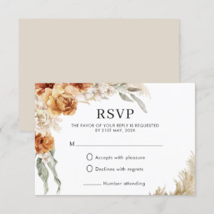 Verbrand Oranje Bloemige Pampas Boho Bruiloft RSVP Kaartje