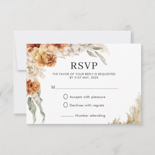Verbrand Oranje Bloemige Pampas Boho Trouwen  RSVP Kaartje (Voorkant)