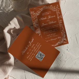 Verbrand Oranje Bloemige Terracotta QR Code Bruilo Kaart