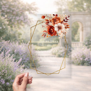 Verbrand oranje bloemige trouw Save the Date kaart Acryl Uitnodigingen