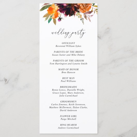 Verbrand Oranje Bourgondië Herfst Bloemige Rustiek Programmakaart (Achterkant)