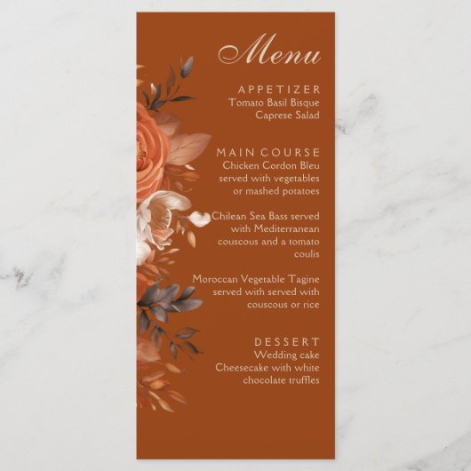 Verbrand Oranje bruiloft Menu (Voorkant)