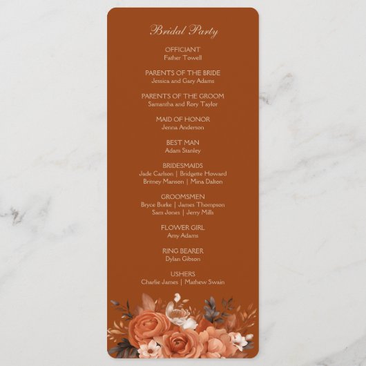 Verbrand Oranje bruiloft Programmakaart (Achterkant)