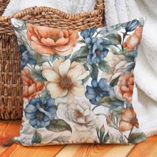 Verbrand Oranje Crème Stofblauw Waterverf Bloem Kussen