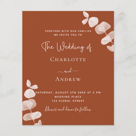 Verbrand oranje eucalyptus budget bruiloft uitnodi (Voorkant)