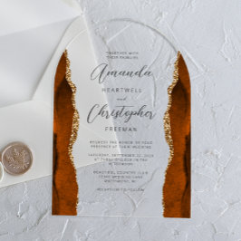 Verbrand Oranje Goud Agaat Script Boog Bruiloft Acryl Uitnodigingen