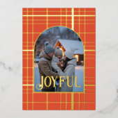 Verbrand Oranje & Goud Gingham Kerstvakantie Folie Feestdagenkaart (Voorkant)