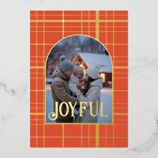 Verbrand Oranje & Goud Gingham Kerstvakantie Folie Feestdagenkaart (Voorkant)